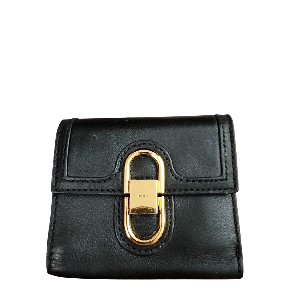 Fossil Avondale Black Leather Trifold Wallet Gold Push Lock Hardware Coin Pocket